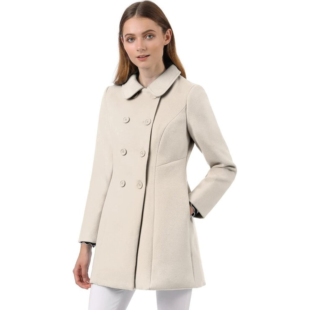 Women's Beige Peter Pan Collar Double Breasted Winter Long Trench Pea Coat - Picture 3 of 8